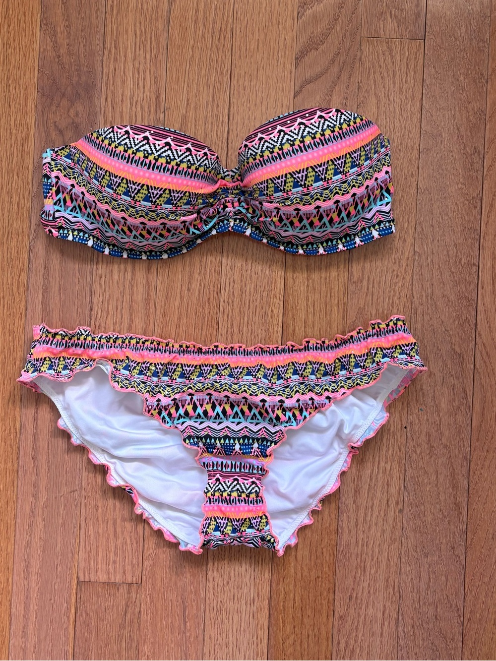 Vintage Victoria's Secret Neon Aztec Bandeau Bikini - Pink, Blue, Black, White